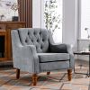 Grey Accent Chair, Living Room Chair, Footrest Chair Set with Vintage Brass Studs, Button Tufted Upholstered Armchair for Living Room