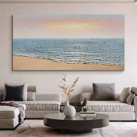 Waves and Beach on Sunset Seascape Art Modern Wall Art Oversized Oil Painting Canvas Blue Beach Artwork Ocean Painting (Style: 01, size: 40x80cm)