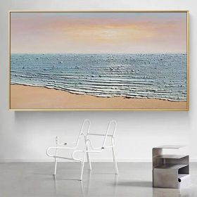 Waves and Beach on Sunset Seascape Art Modern Wall Art Oversized Oil Painting Canvas Blue Beach Artwork Ocean Painting (Style: 01, size: 120x240cm)