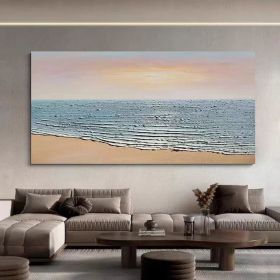 Waves and Beach on Sunset Seascape Art Modern Wall Art Oversized Oil Painting Canvas Blue Beach Artwork Ocean Painting (Style: 01, size: 140x280cm)