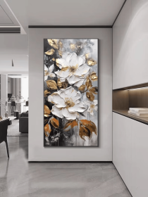 Large White and Gold Flowers Painting 3D Textured Modern Floral Wall Art Abstract Oversized Nature Palette Knife Painting on Canvas (Style: 01, size: 70x140cm)
