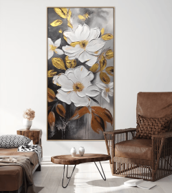 Large White and Gold Flowers Painting 3D Textured Modern Floral Wall Art Abstract Oversized Nature Palette Knife Painting on Canvas (Style: 01, size: 80x160cm)