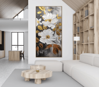 Large White and Gold Flowers Painting 3D Textured Modern Floral Wall Art Abstract Oversized Nature Palette Knife Painting on Canvas (Style: 01, size: 100x200cm)