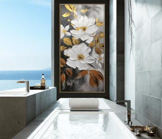 Large White and Gold Flowers Painting 3D Textured Modern Floral Wall Art Abstract Oversized Nature Palette Knife Painting on Canvas (Style: 01, size: 120x240cm)
