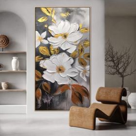 Large White and Gold Flowers Painting 3D Textured Modern Floral Wall Art Abstract Oversized Nature Palette Knife Painting on Canvas (Style: 01, size: 140x280cm)