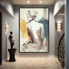 Handmade Oil Painting Beautiful Woman Line Art On Canvas Wall Art Figure Painting Colorful Acrylic Abstract Painting Modern Art Grey And Yellow Wall A (Style: 01, size: 90x130cm)
